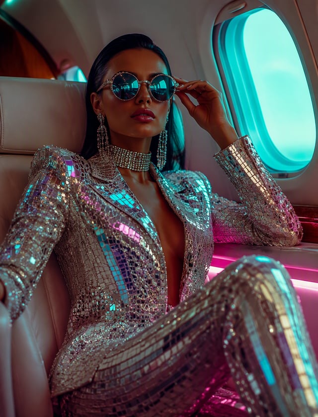 A glamorous woman lounges in a cream leather passenger cabin, lifting one hand to adjust oversized r