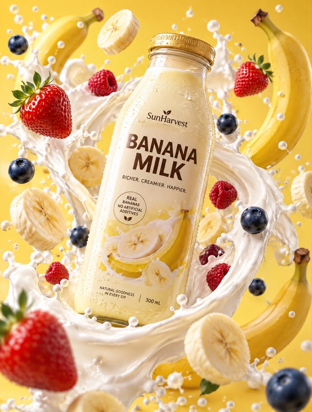 Premium banana milk drink bottle surrounded by swirling milk splash, floating bananas and berries, d