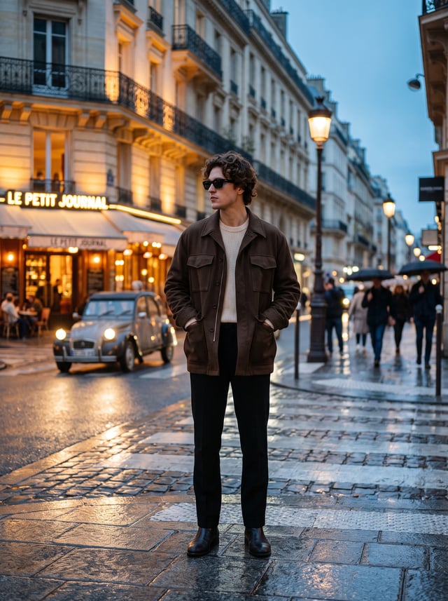 Create a luxury travel fashion editorial portrait of a young man standing on a rainy Parisian street