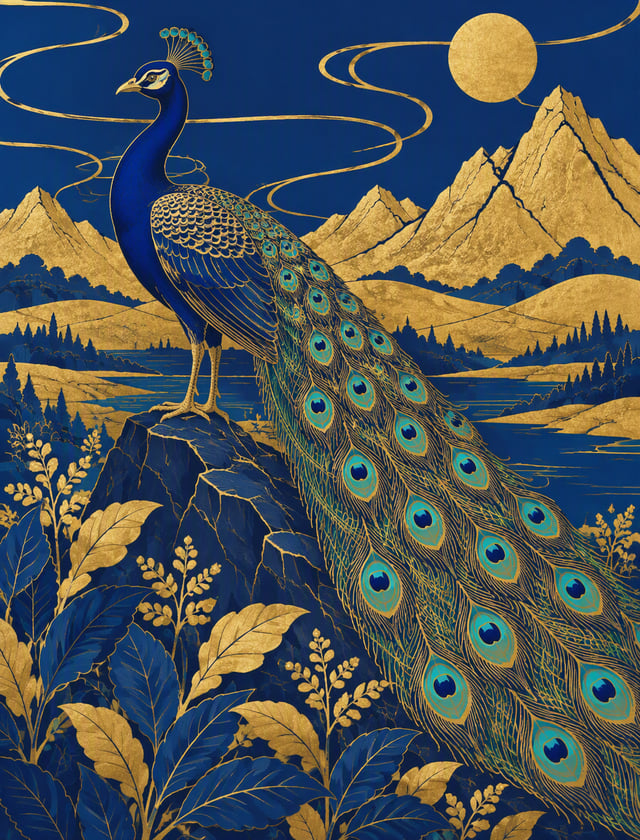 Modern decorative graphic illustration inspired by Japanese Nihonga gold leaf techniques and Art Nou