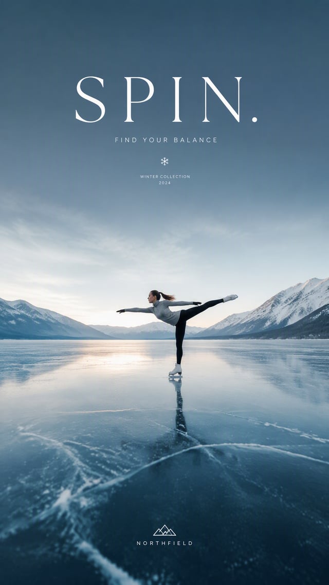 Create a premium 9:16 winter sports editorial. Main Subject: Young female ice skater mid-spin on an 