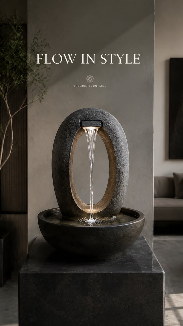 Premium 4:5 advertising poster for a luxury fountain brand. A sculptural tabletop water fountain cen