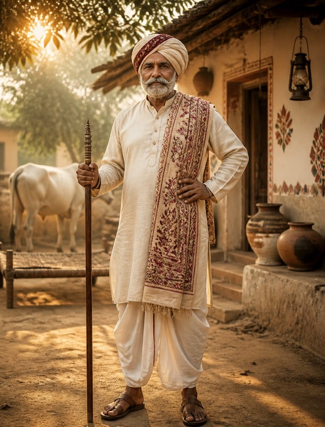 A dignified Indian villager stands full-length in a sunlit rural courtyard, gripping a weathered woo