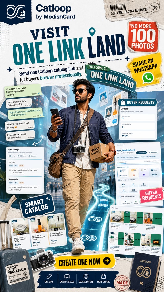 Create a stylized SaaS travel poster / graphic collage for Catloop by ModishCard.The concept is “One