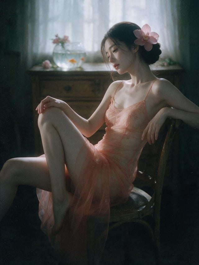 A delicate young beautiful Taiwan idol with soft porcelain skin and refined features, dark hair in a