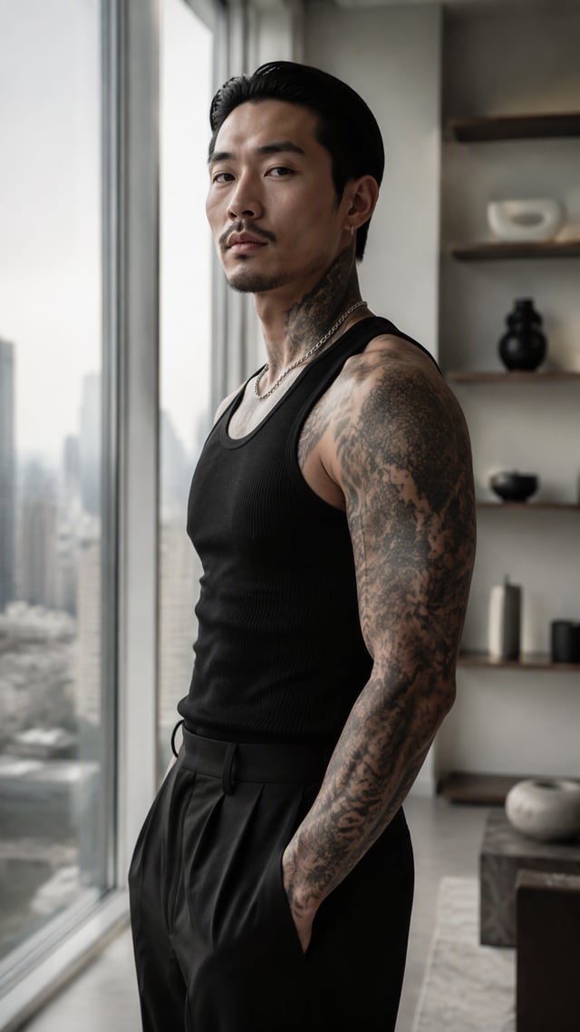 A tattooed Asian man stands in three-quarter profile inside a modern high-rise apartment, one hand t