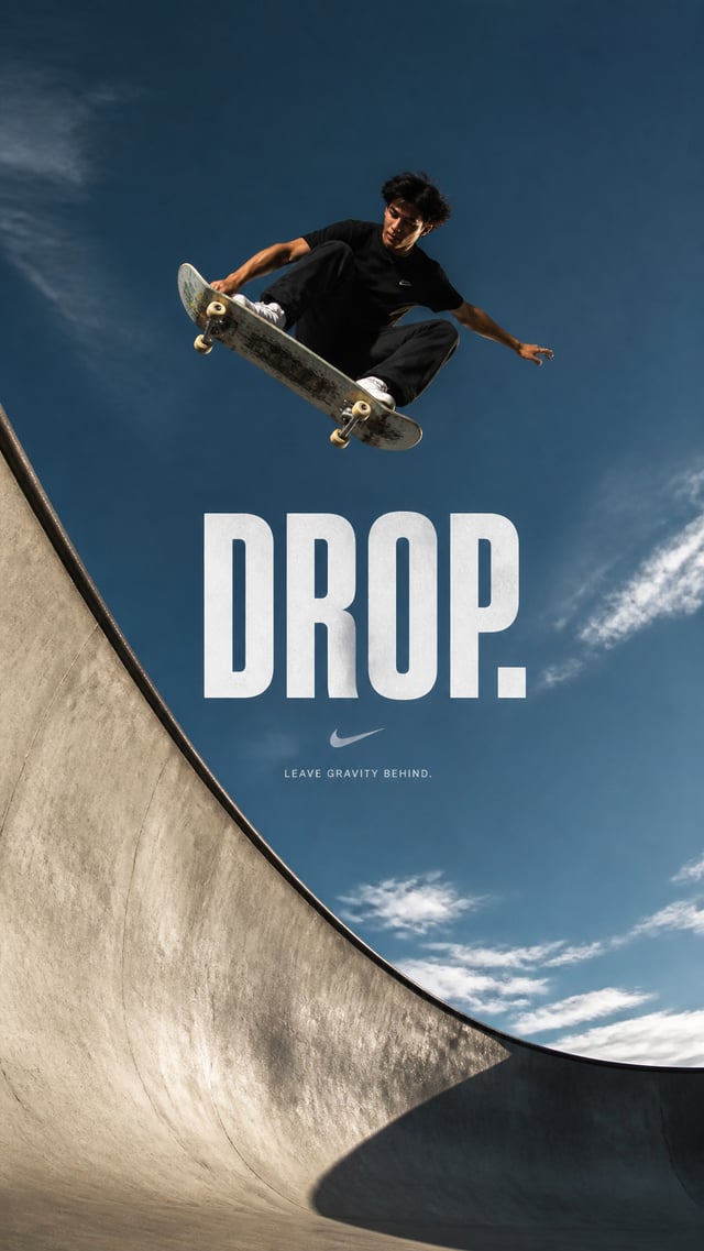 Create a premium 9:16 sports editorial. Main Subject: Young male skateboarder mid-air performing a t