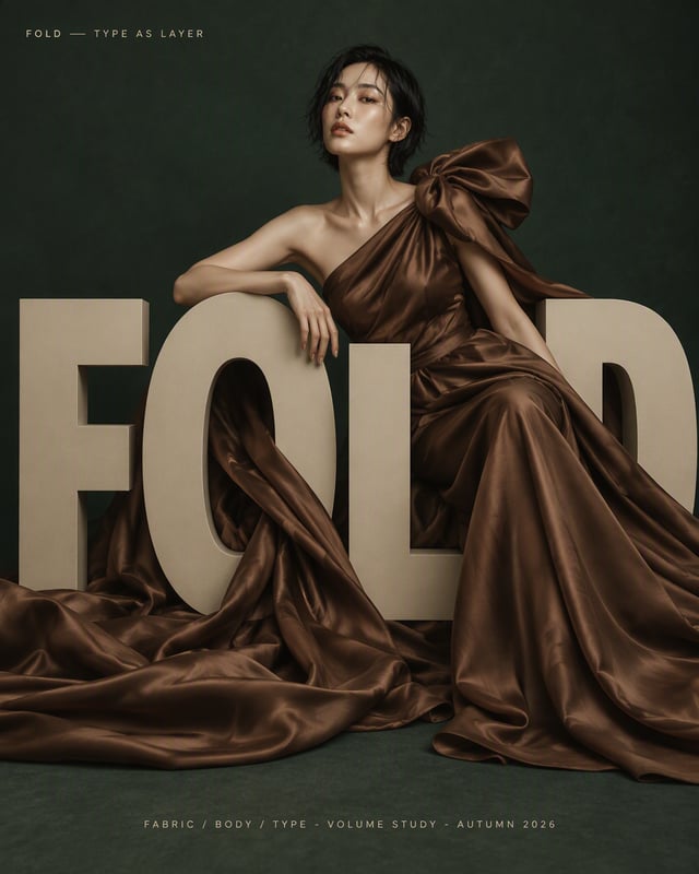 High-fashion editorial poster, elegant Asian woman with short wet black hair, wearing flowing one-sh