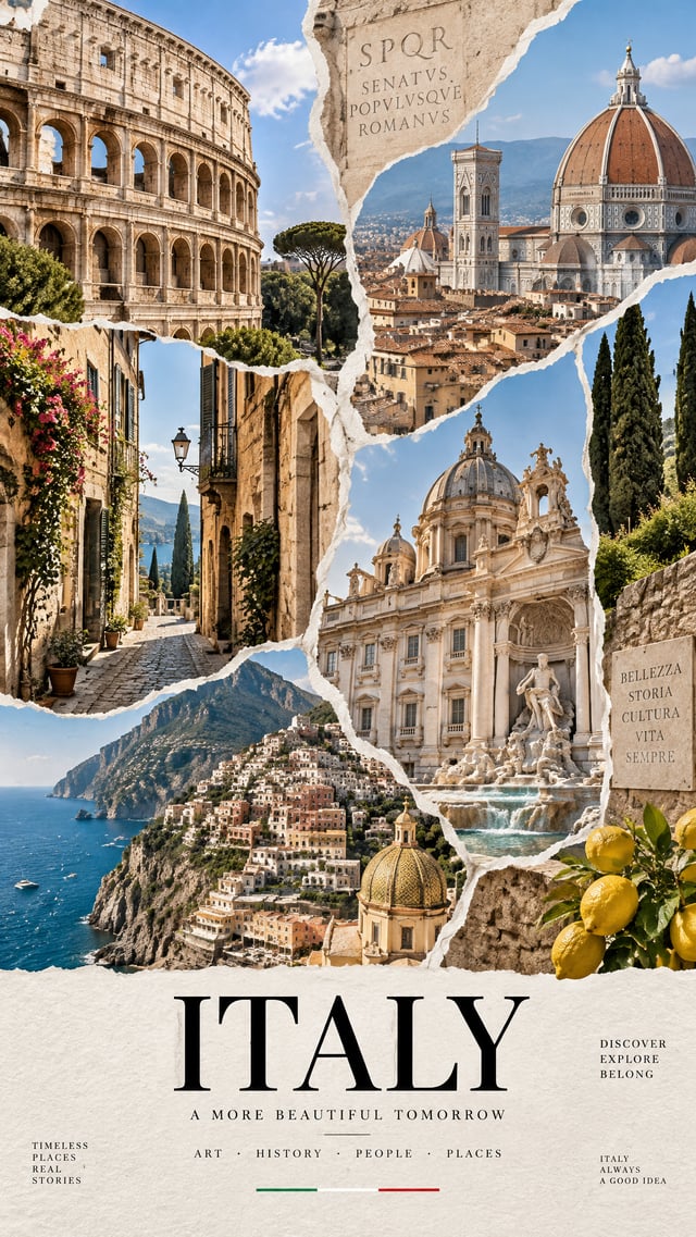 Subject and CompositionA vertical travel poster featuring a sophisticated architectural collage of I