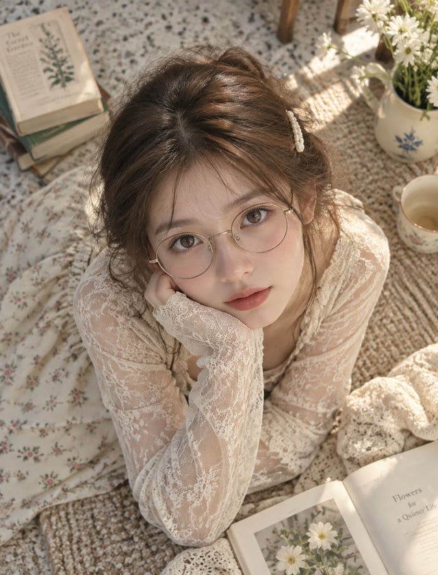 A young woman with softly tousled brown hair, round wire-frame glasses, and a pearl hair clip reclin