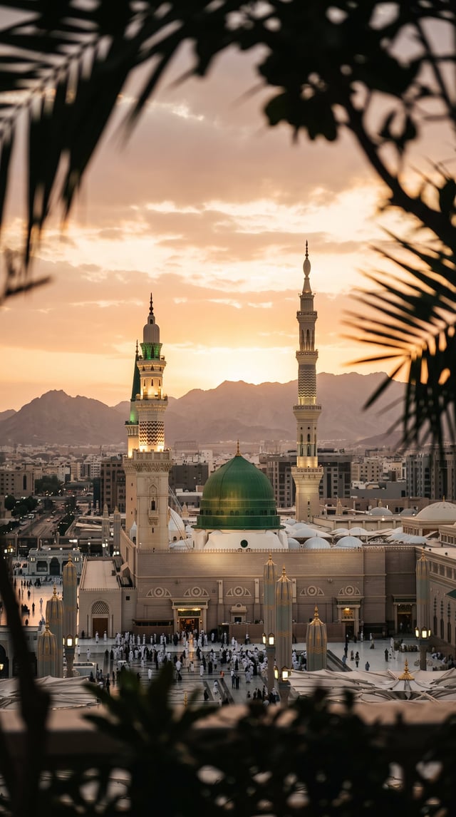 The Prophet’s Mosque in Medina rises above the surrounding city, with two intricately ornamented min