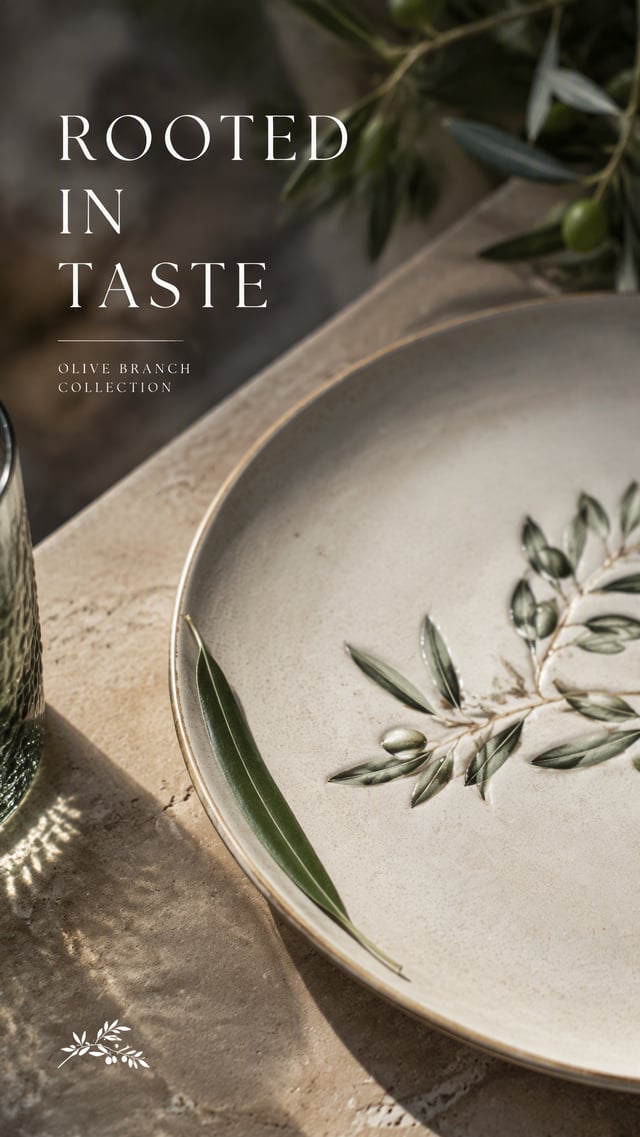 Premium 4:5 advertising poster for a luxury olive branch tableware collection. A single porcelain pl