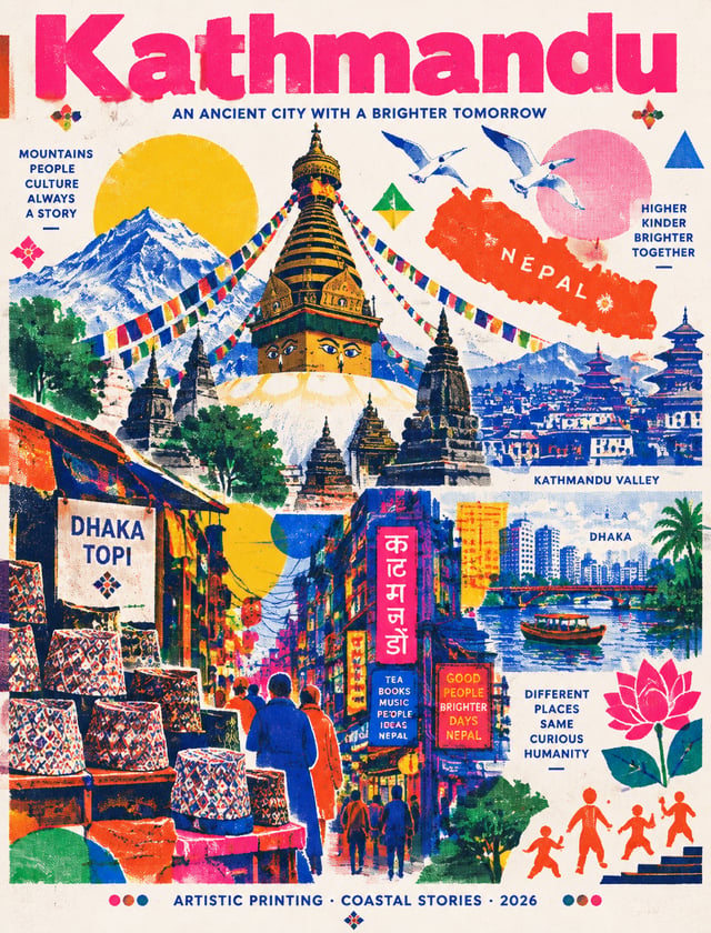 Create image the Swaibu temple, Nepal map, seagulls, Kathmandu Valley, Dhaka, Dhaka Tuppi at the mar