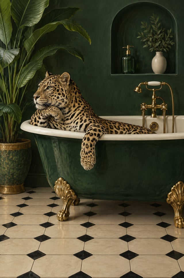 a stylized painting of a leopard inside a vintage green clawfoot tub. the leopard is detailed with r