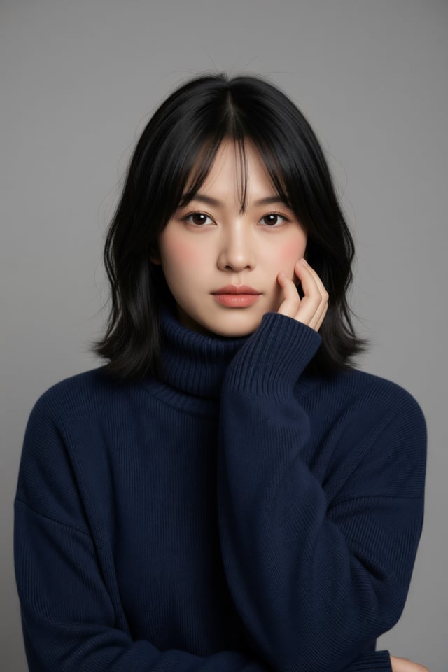 A high-quality studio portrait of a beautiful young East Asian woman with a soft, flawless complexio