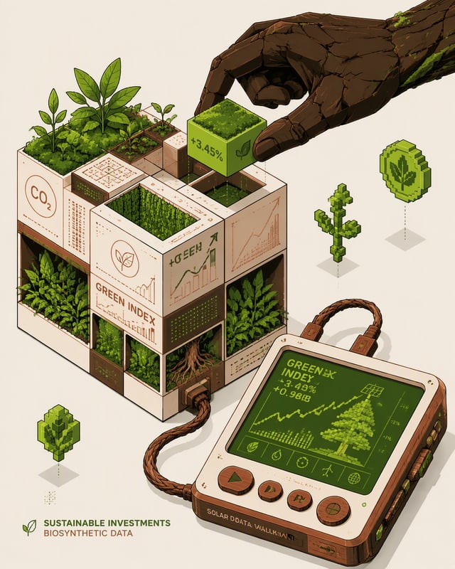 A clean, high-contrast 2D isometric digital vector illustration focused on sustainable investments a