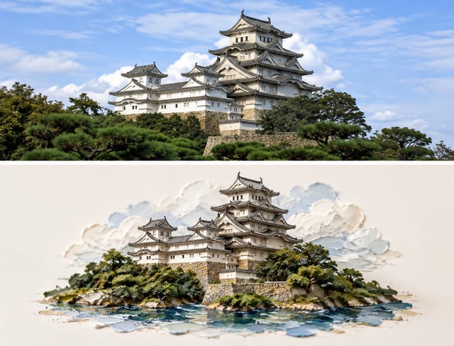 Transform an input travel photo of world architecture into a vertical upper-lower comparison art ima