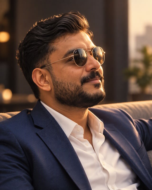 A cinematic, high-resolution photograph of a man in profile, wearing round-framed sunglasses with re