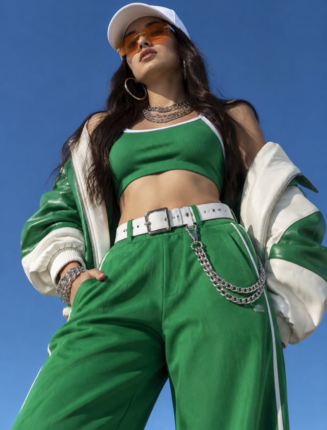 A striking, low-angle, realistic fashion photograph of a stylish woman with long dark hair, posed co