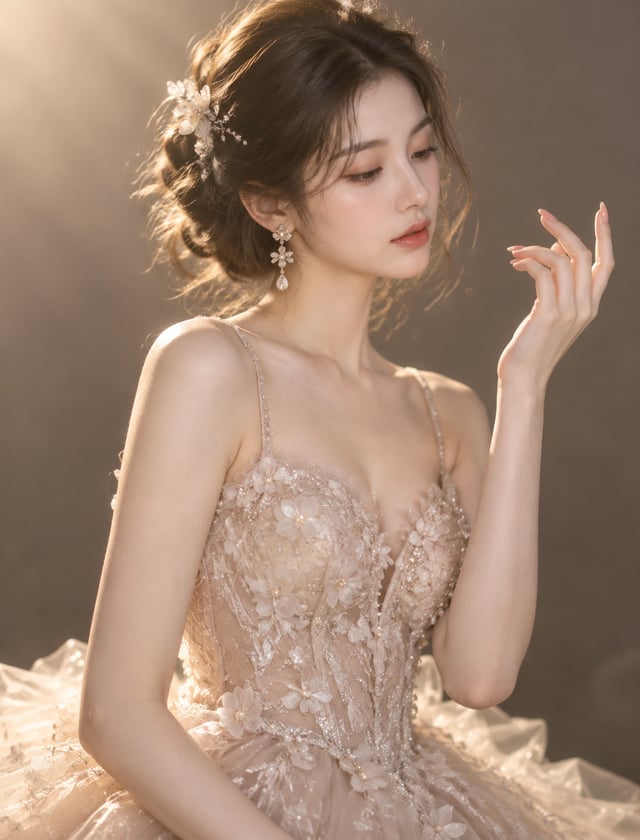 真人电影级超写实高端时尚人像摄影，竖版3:4构图，年轻成年东方女性，精致柔美的鹅蛋脸，白皙通透、带自然粉色血色的细腻肌肤，精致立体的鼻梁，淡玫瑰色微张的双唇，纤长睫毛与暖棕色眼妆，神情清冷温柔、优雅含