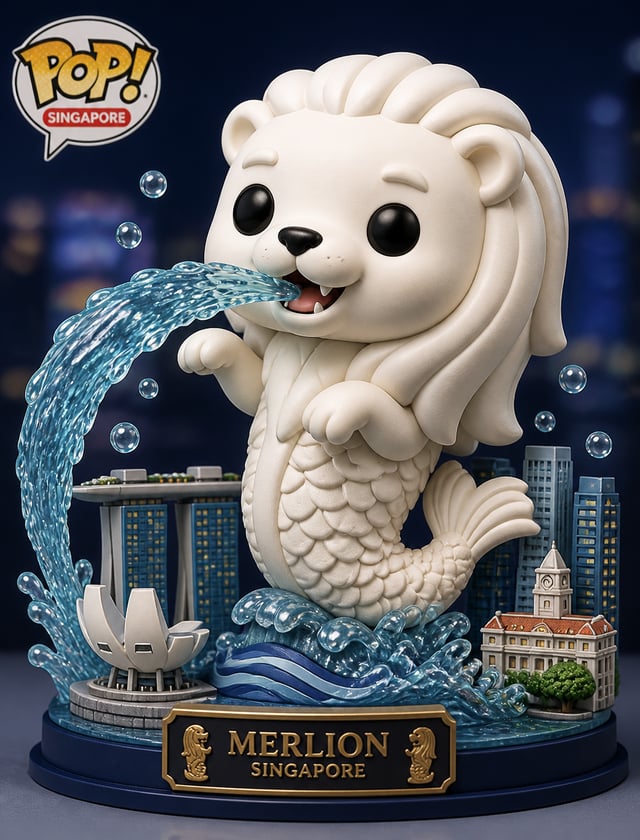Create a stylized vinyl figure of the Merlion.Design a playful pose, capturing its iconic fountain s