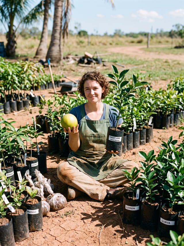A nursery worker sits cross-legged on dry reddish soil, gently presenting a large sweet lime with a 