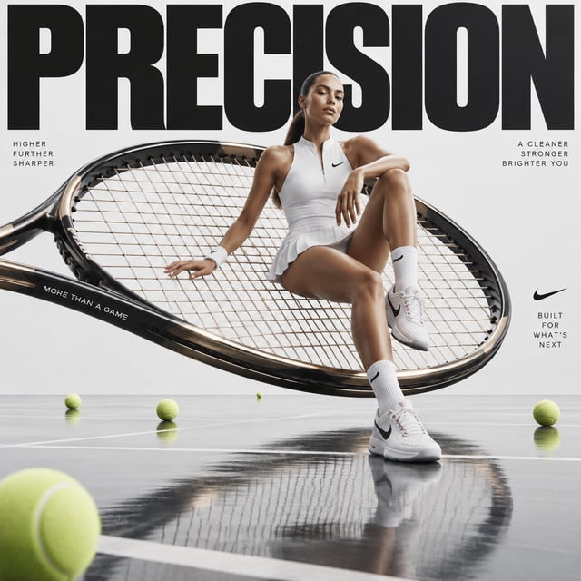 Avant-garde sports fashion advertisement, oversized tennis racket positioned like monumental sculptu
