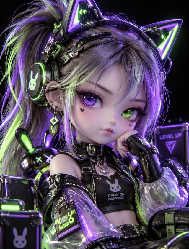 【风格骨架】高细节3D渲染｜半身肖像｜电竞潮玩盲盒风｜C4D/Blender美学｜金属+霓虹材质｜电光紫+荧光绿撞色｜赛博朋克轮廓光｜深空黑背景｜8K【变量表】{角色}=身份      示例：电竞少女
