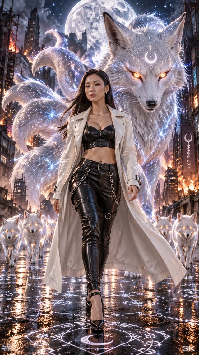 A cinematic, hyper-realistic 3D digital art piece featuring a fierce woman [image1]walking confident