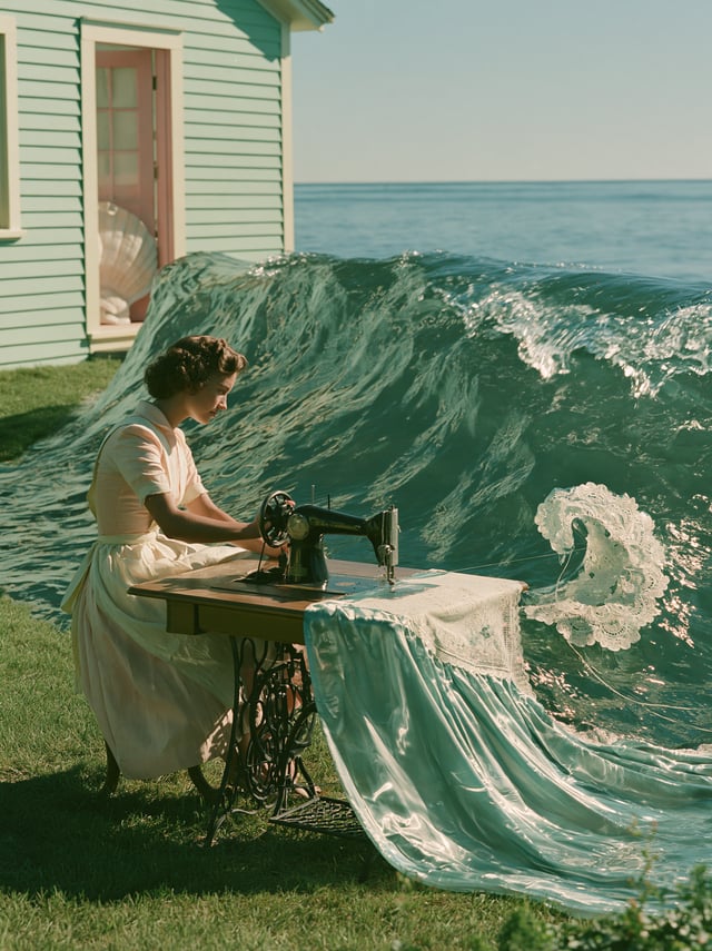A quietly impossible domestic scene on a 1950s coastal film set. Medium wide three quarter view of a