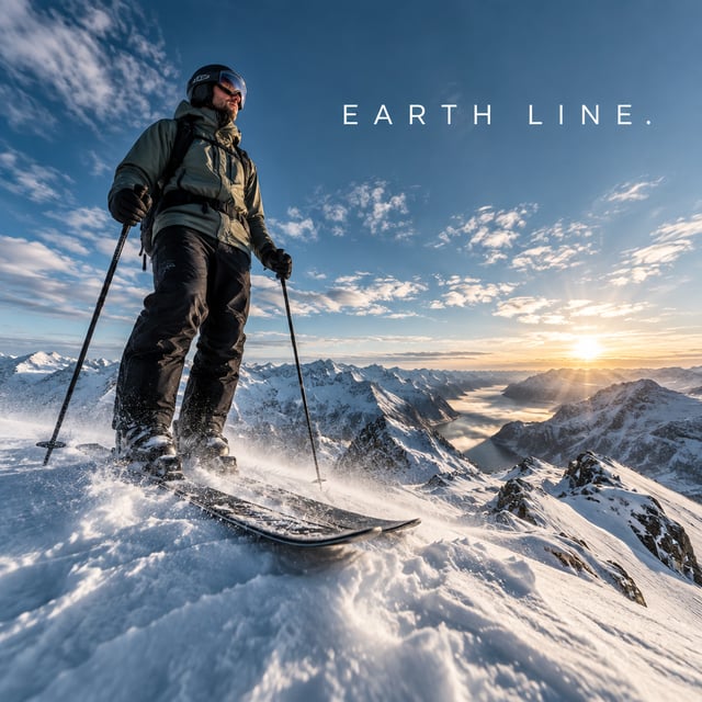 Create a premium 9:16 winter sports campaign.Main Subject: Young male skier standing alone on a vast