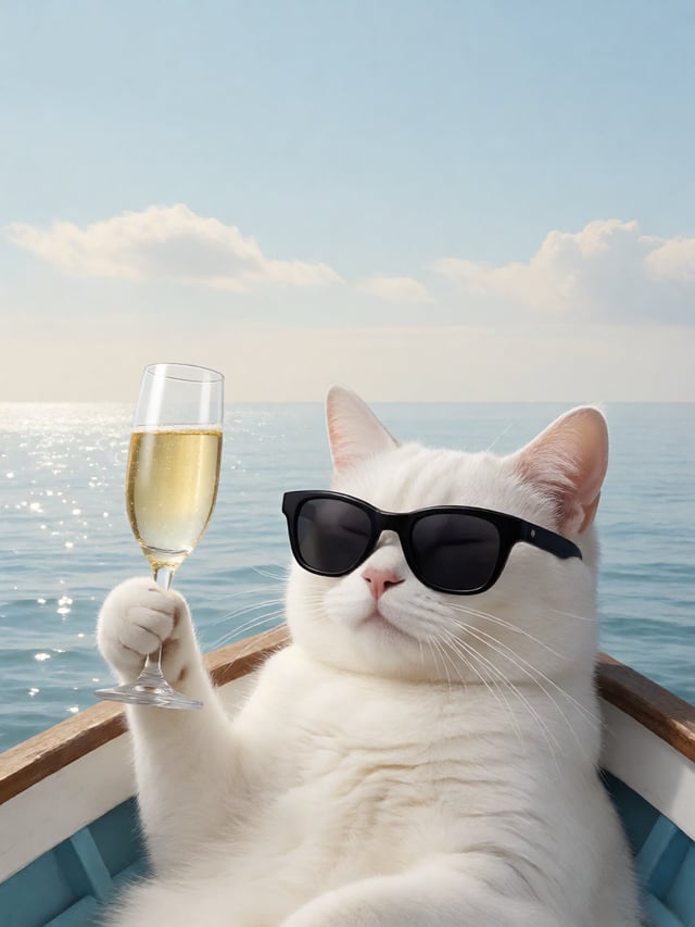 头像构图，一只戴着黑色墨镜的白色猫咪正惬意地躺在小船内，一只爪子举着装有香槟的高脚杯，背景是广阔的海洋与天空，海面泛着柔和蓝光，远处天空飘着几缕薄云，整体氛围悠闲自在，精致插画风格，柔和光影，干净背景