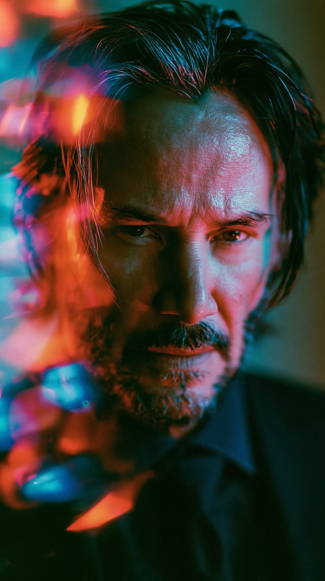 Stereoscopic photo of John Wick taken on Kodak Gold 35mm film, creative ultraviolet pink purple blue
