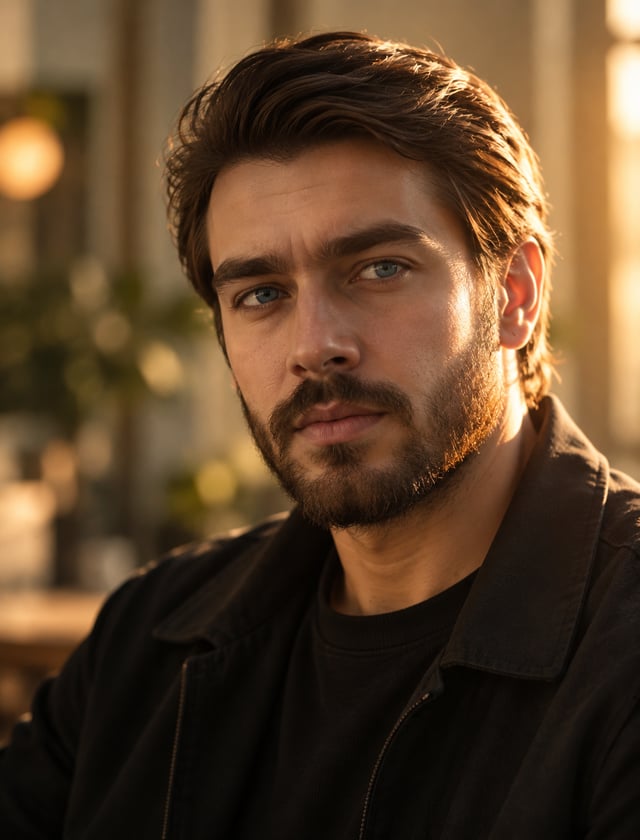 [UPLOAD YOUR IMAGE] A bearded man with swept-back medium-length brown hair turns slightly toward the
