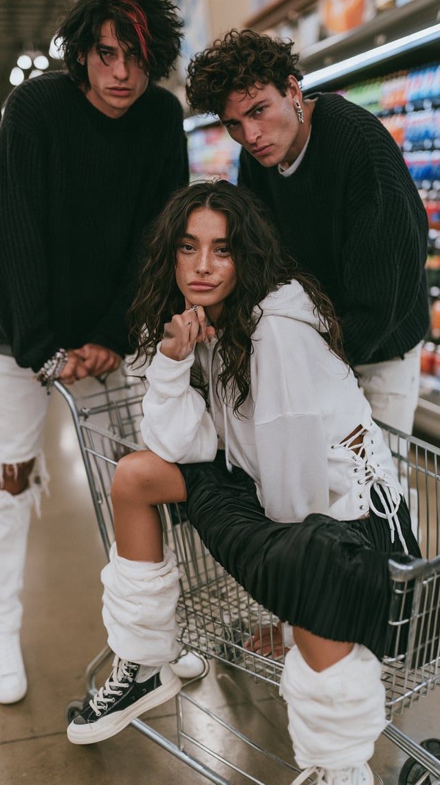 High-fashion photorealistic editorial scene set in a bright supermarket aisle, vertical composition,
