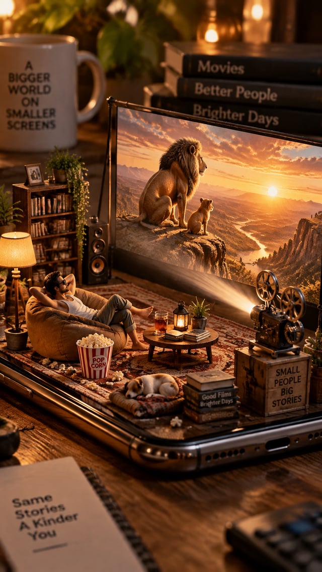A highly detailed cinematic miniature diorama scene built on top of a giant smartphone lying on a wo