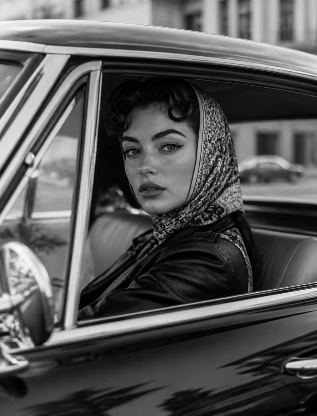 Ultra detailed close-up. An elegant woman sits in a classic retro car and looks at the camera, shot 