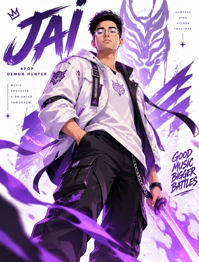 @Character 7 Create a stylized illustration of Jai from the anime series Kpop demon hunter