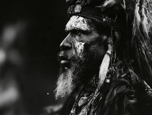 Asmat chief with white tribal face paint, wearing buffalo and deerskin garments, feathers and jewell