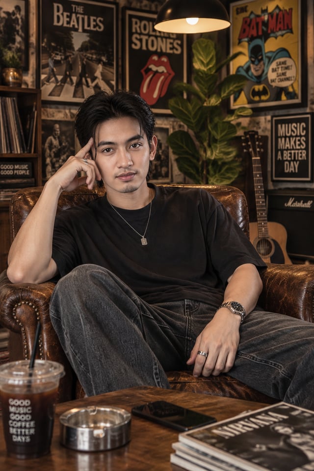 Create an ultra-realistic, high-end cinematic lifestyle portrait of a young man sitting casually in 