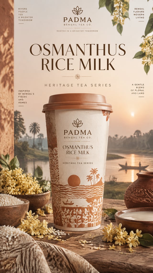 Generate a premium Bengali-inspired tea beverage brand packaging key visual poster in a vertical 9:1