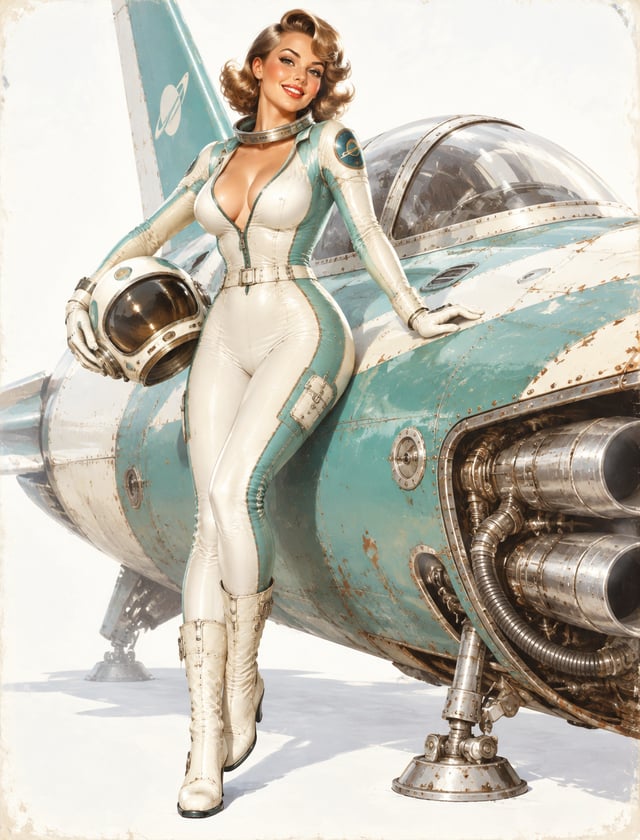A retro-futuristic illustration in the style of a science fiction pin-up poster. An astronaut in a v