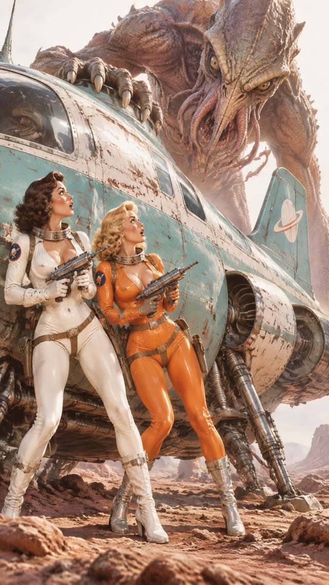 Two girls in super tight vintage retro spacesuits, in white and orange; the suits accentuate the gir