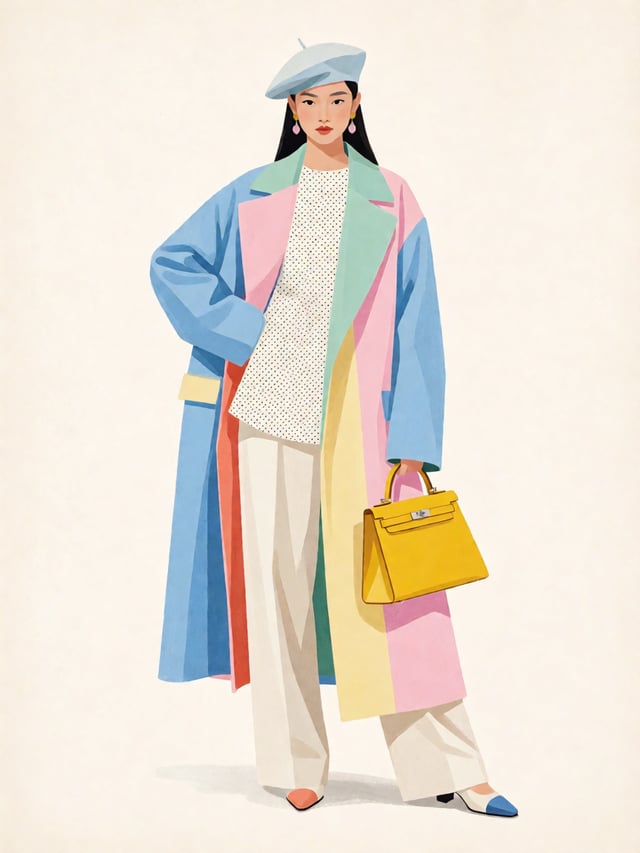 Create a stylish full-body editorial fashion illustration of a young woman, rendered in a refined ha