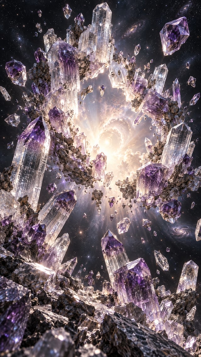 A monumental ring of transparent quartz and violet amethyst crystals forms a fractured celestial por