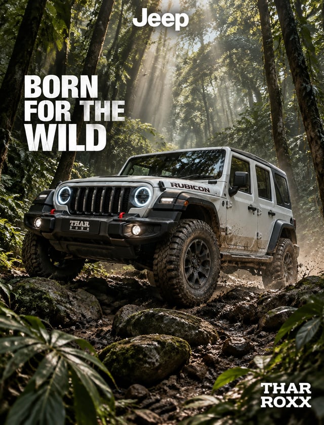 A high-resolution, photorealistic dynamic shot of a four-door Black Thar ROXX navigating a rugged of