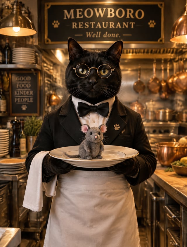 A polished black cat dressed as a formal maître d’ stands centered in a warmly lit restaurant kitche