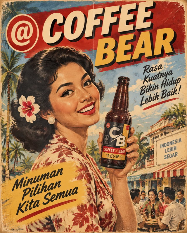 Authentic 1921s Indonesian advertising poster for @COFFEE BEAR, vintage mid-century commercial illus