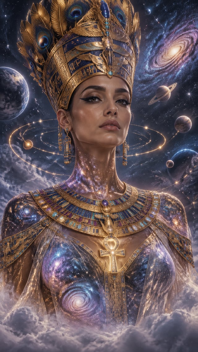 صورة بورتريه سينمائية فائقة الواقعية لملكة مصرية مستوحاة من نفرتيتي، تظهر من أعلى الرأس حتى منتصف ال