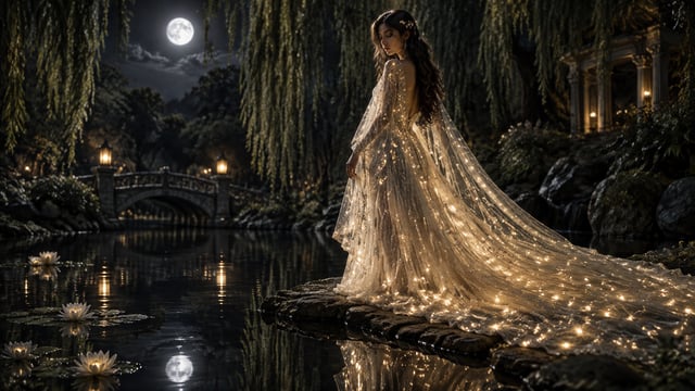 Cinematic, photorealistic fantasy film still, landscape 16:9. A moonlit garden at night, with a stil